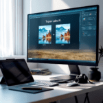 A modern workspace featuring a computer displaying the Topaz Labs AI software, showing a before-and-after image comparison of photo enhancement. The desk includes a graphics tablet, a camera, and photography books, all bathed in soft natural light from a window.