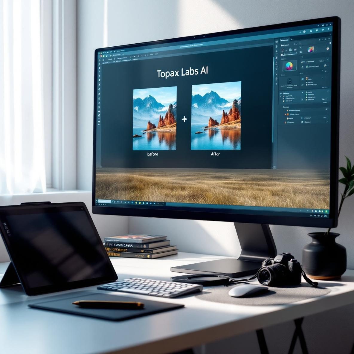 A modern workspace featuring a computer displaying the Topaz Labs AI software, showing a before-and-after image comparison of photo enhancement. The desk includes a graphics tablet, a camera, and photography books, all bathed in soft natural light from a window.