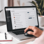 A home office setup featuring a laptop displaying a task management app like Asana or Trello, with a hand poised to add a new task. The background includes a cup of coffee and a notepad, emphasizing a productive work environment.