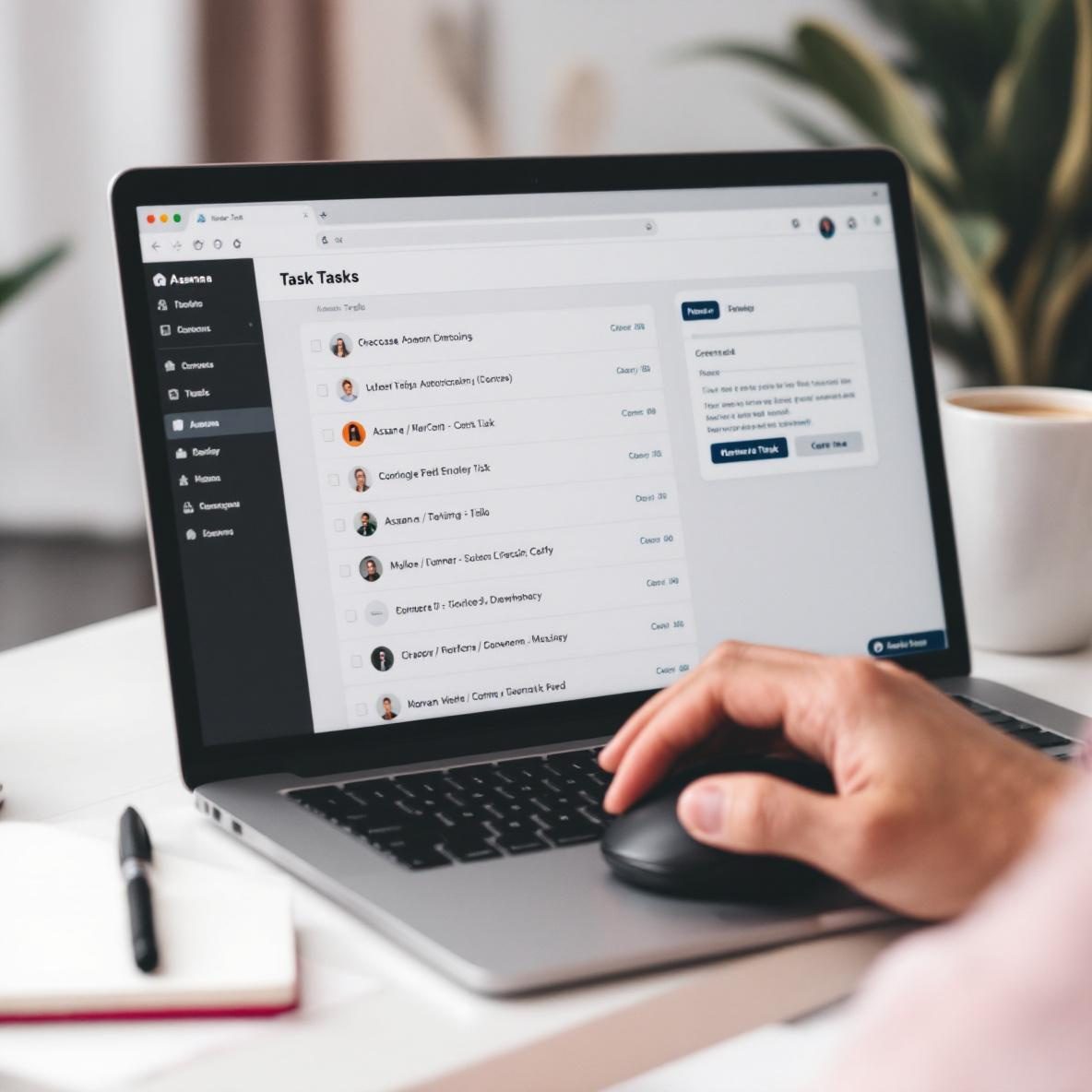 A home office setup featuring a laptop displaying a task management app like Asana or Trello, with a hand poised to add a new task. The background includes a cup of coffee and a notepad, emphasizing a productive work environment.