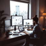 A designer at a modern desk working on a user interface layout on a laptop, surrounded by screens displaying user flow diagrams. The workspace is organized with design tools and has a view of a vibrant city outside.