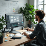 A designer working on user flow diagrams in Figma at a sleek desk, surrounded by design tools and notes. The workspace is bright and organized, with the designer deeply engaged in their task, illustrating the process of digital product design.