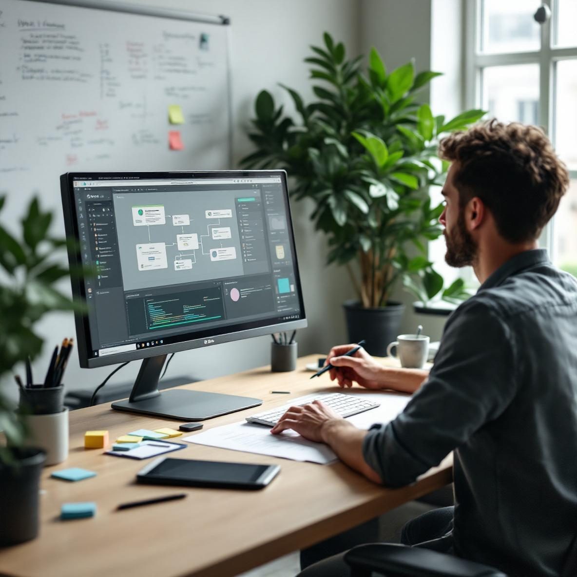 A designer working on user flow diagrams in Figma at a sleek desk, surrounded by design tools and notes. The workspace is bright and organized, with the designer deeply engaged in their task, illustrating the process of digital product design.