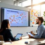 A modern office where a business analyst collaborates with a colleague, analyzing a value stream mapping diagram on a screen. The workspace is filled with sticky notes and flow charts, creating an engaging and collaborative environment.