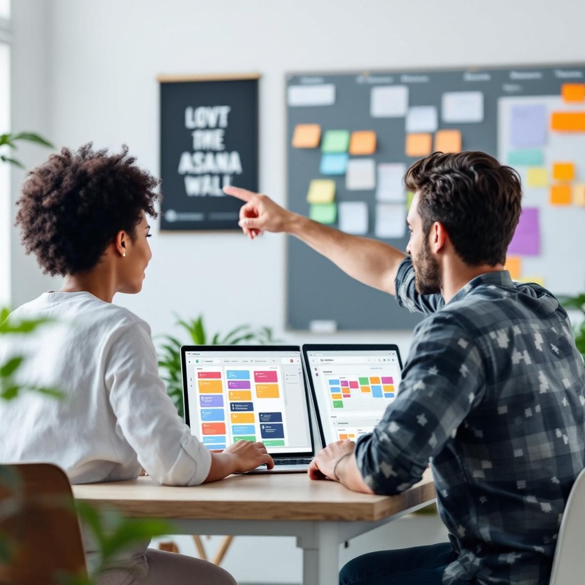 A modern office scene with two individuals working together. One is using a laptop showcasing a colorful ClickUp task board, while the other points to a wall-mounted Asana board filled with sticky notes. The bright and airy workspace is decorated with plants, enhancing a collaborative atmosphere.