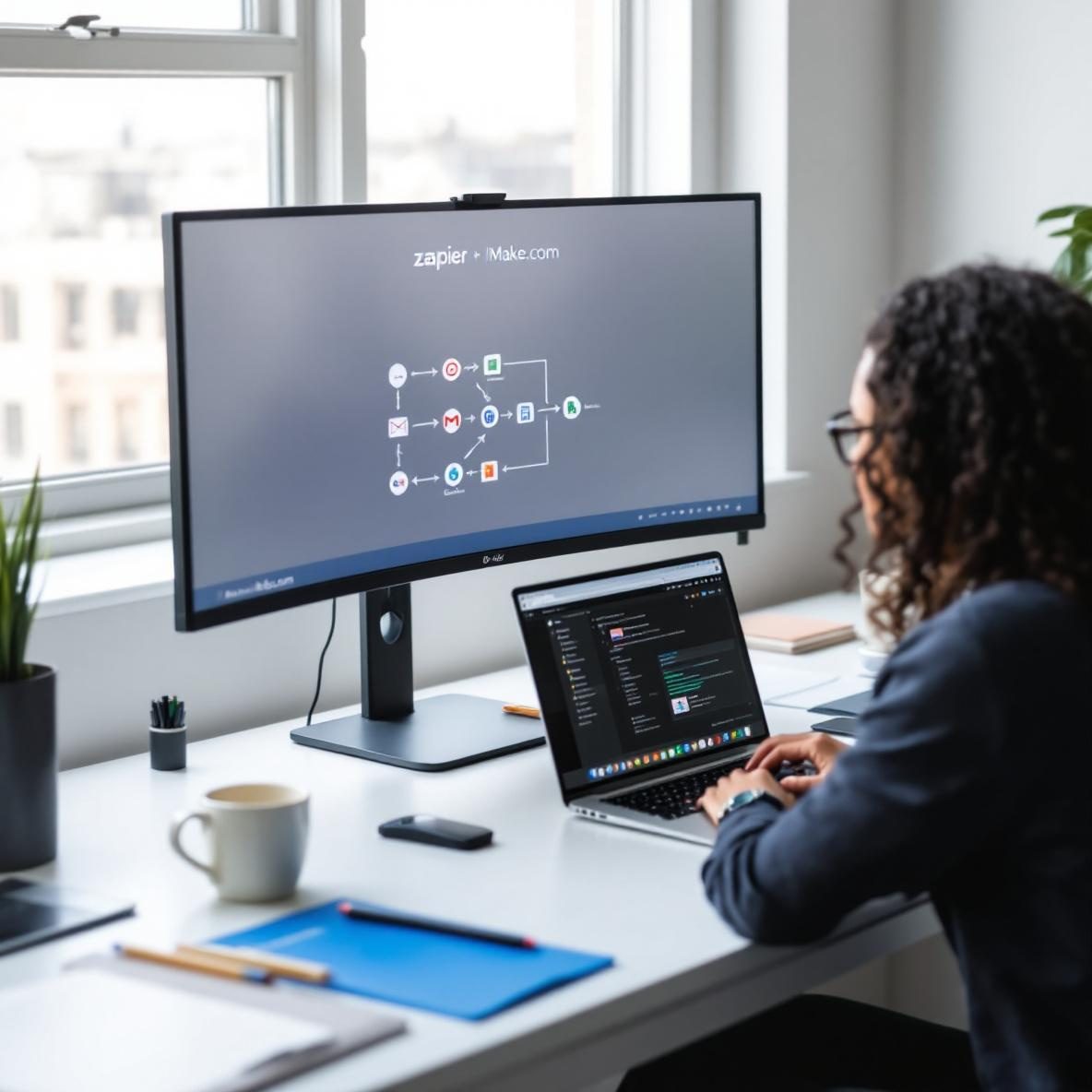 A person in a contemporary office uses a laptop, working on automating tasks between Zapier and Make.com, with two screens displaying the respective logos and a workflow diagram connecting applications such as Gmail and Google Sheets.