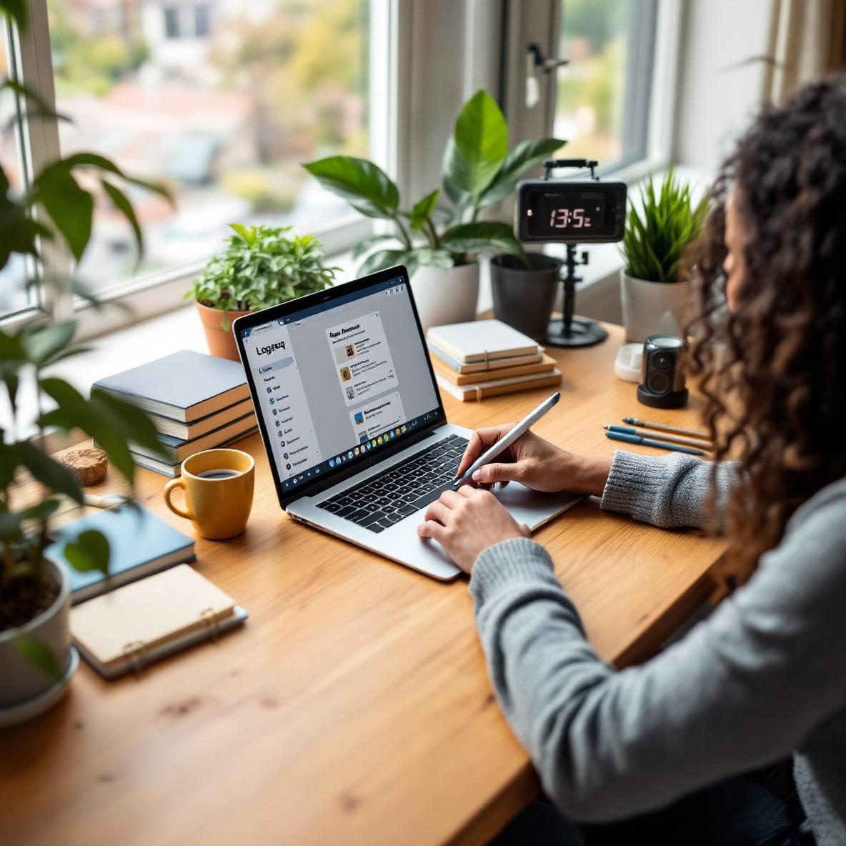 A person engaged in digital note-taking in a home office, using a laptop with the Logseq and Roam Research applications open. The desk is neatly organized with notebooks and writing tools, and the room is well-lit by natural light coming through a window, creating a productive and inviting atmosphere.