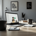 A bright home office with a modern desk featuring an open laptop showing the Zoom and Google Meet interface, complemented by a notebook and coffee mug, creating a productive atmosphere for virtual meetings.