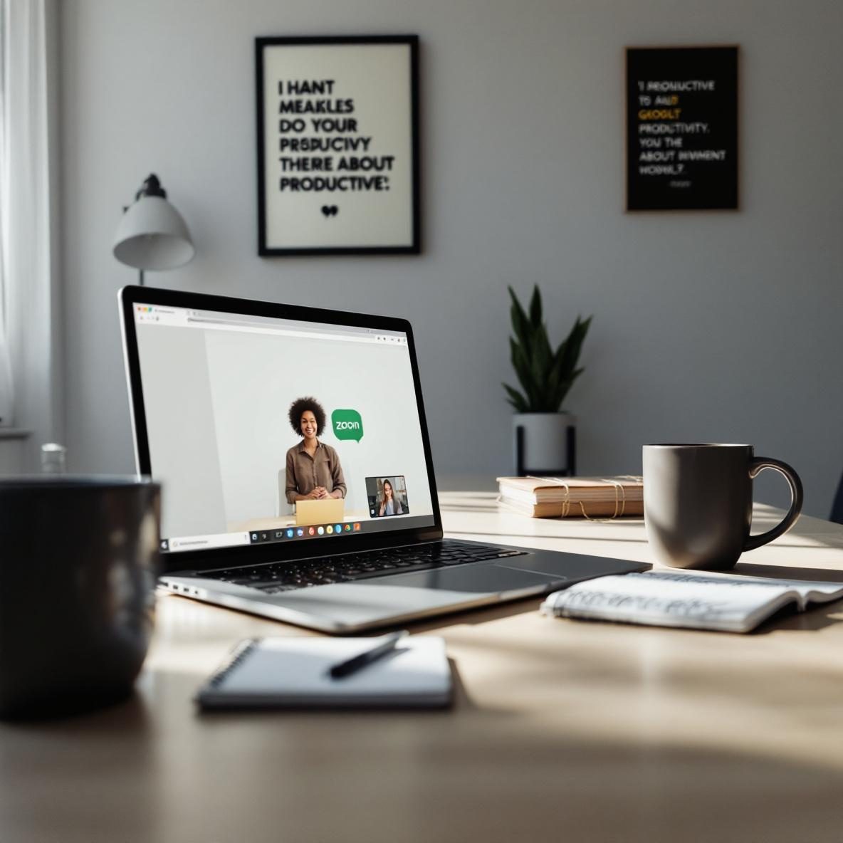 A bright home office with a modern desk featuring an open laptop showing the Zoom and Google Meet interface, complemented by a notebook and coffee mug, creating a productive atmosphere for virtual meetings.
